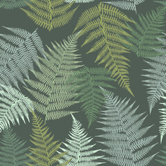 Seamless pattern with fern leaves. Classical grassy organic ornament. Different leaves on a dark background. Vector print for design.