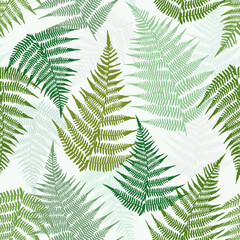 Seamless pattern with fern leaves. Classical grassy organic ornament. Different leaves on a dark background. Vector print for design.