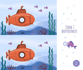 Childrens game. Find the differences. Educational game for kids. A bright submarine with a periscope underwater. The seabed with fish, corals, seaweed. Blue ocean landscape. Cute vector illustration.