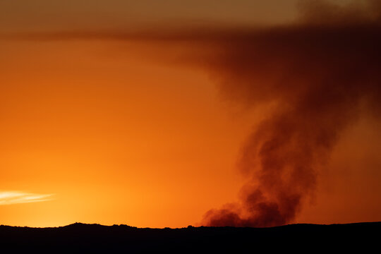 Fire smoke over the orange horizon at sunset