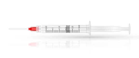 Vector 3d Realistic Syringe. Coronavirus Vaccine, Botox, Fillers, Injections, Hyaluronic Acid Closeup Isolated. Drug Ampoule Design Template, Mockup. Vaccination, Medical Concept - obrazy, fototapety, plakaty