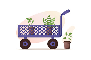 Garden cargo cart with Seedlings pots. Garden tools. Houseplants, gardening. Cultivation of garden plants. Preparing for spring, planting plants. Vector illustration for poster, banner, cover, card