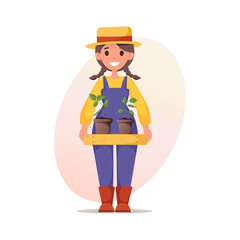 Cute Gardener girl in overalls and straw hat holds wooden box with seedlings in her hands. Cartoon character. Gardening, housekeeping. Vector illustration for poster, banner, cover, card