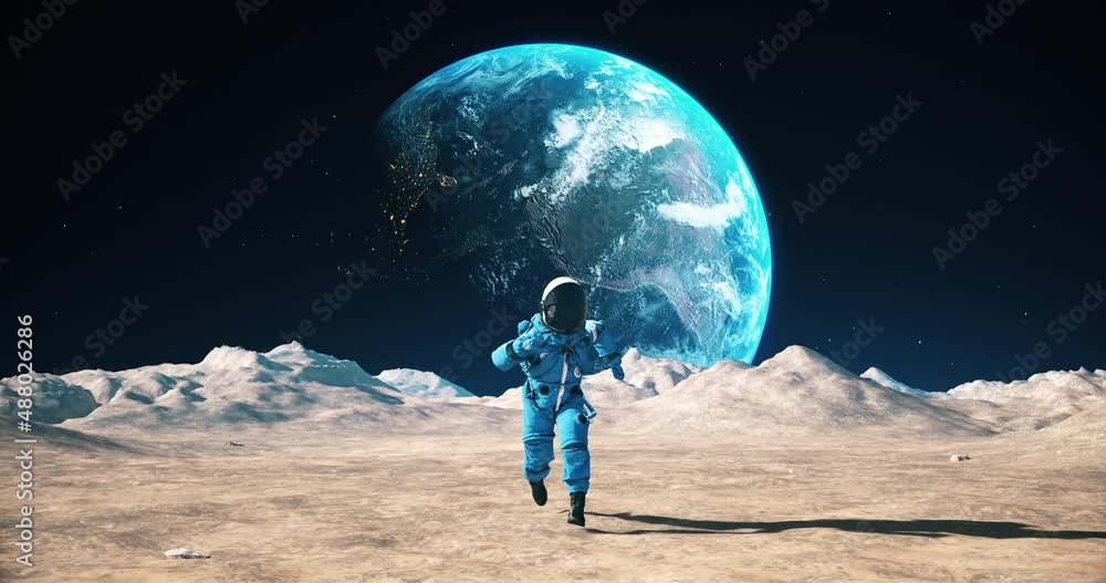 Wall mural brave astronaut running on the surface of the moon among craters. planet earth is visible in sky. sl