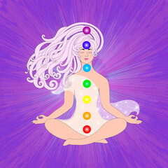 The woman meditates and leaves. Conceptual illustration for yoga, meditation, relaxation, healthy lifestyle. the chakra system