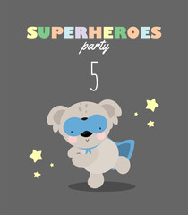 Birthday Party, Greeting Card, Party Invitation. Kids illustration with Cute Koala Superhero and an inscription five. Vector illustration in cartoon style.