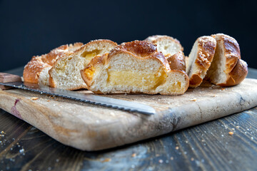 wheat fresh bun with filling cut into pieces