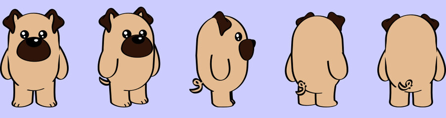 cute kawaii pug dog character cartoon perspective collection set illustration in vector format
