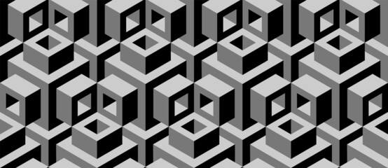 Seamless vector 3D pattern with optical illusions. Cubes. Op Art. Modern template for wrapping, cards, fabric, design interior, packing. Psychedelic geometric design. Background. Wallpapers. 3D Tiles.