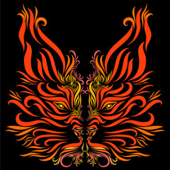 the head of a red lynx with graceful elegant red lines on a dark background