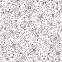 Mystic Boho fall florals vector seamless pattern. Linear autumn flowers garden background. Bohemian Halloween flower power print.