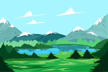 Mountain landscape with a lake and trees.