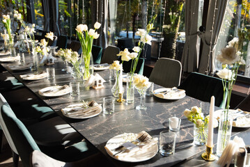 Table set for holiday, event, party or wedding reception in a restaurant