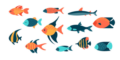  Fish set. Fish icons. Underwater life. Sea world. Flat vector icons. Isolated on white background. 