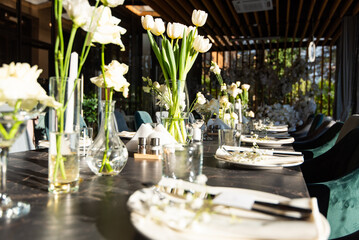 Table set for holiday, event, party or wedding reception in a restaurant