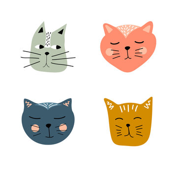 Cats, set of cute doodle. Hand drawn cat faces set. Cute doodle vector animal  illustrations, vector icons.