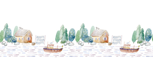 Seamless border of a fisherman's house.Landscape of a forest, boat, net and lake.Watercolor hand drawn illustration.White background.	 - 488028297