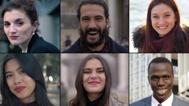 Multi screen men and women smiling with their gaze into the camera