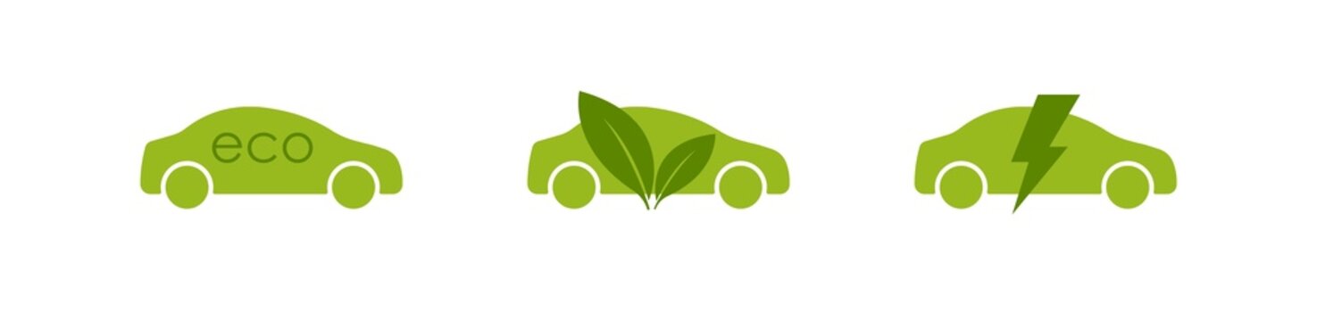 Eco Car Set Green Icon. Hybrid Electric Car With Leaf. Vector Flat Isolated Simbol
