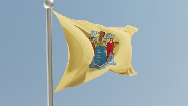 New Jersey Flag On Flagpole. NJ Flag Fluttering In The Wind. USA. 3d Render.