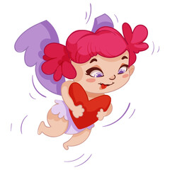 The character is a cupid with a heart. A playful girl.  Vector children's illustration.