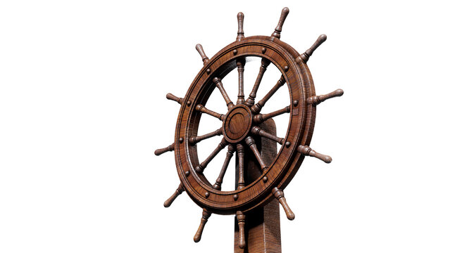 The boat steering wheel is surrounded by Pirate ship, card chest, cannon and compass on the beach.-3d rendering.