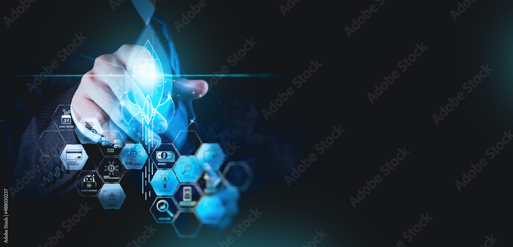 Poster financial technology flowchart and basic income mining cryptocurrency with blockchain startup unicor
