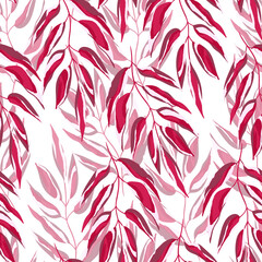 PINK and white seamless pattern with sprigs. Vector stock illustration for fabric, textile, wallpaper, posters, paper. Fashion print. Branch with monstera leaves. Doodle style