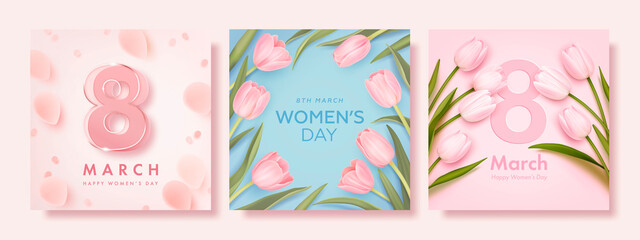 Set of women's day banner. 8 march holiday background with realistic petals and flowers. Vector illustration for poster, greeting cards, booklets, promotional materials, website
