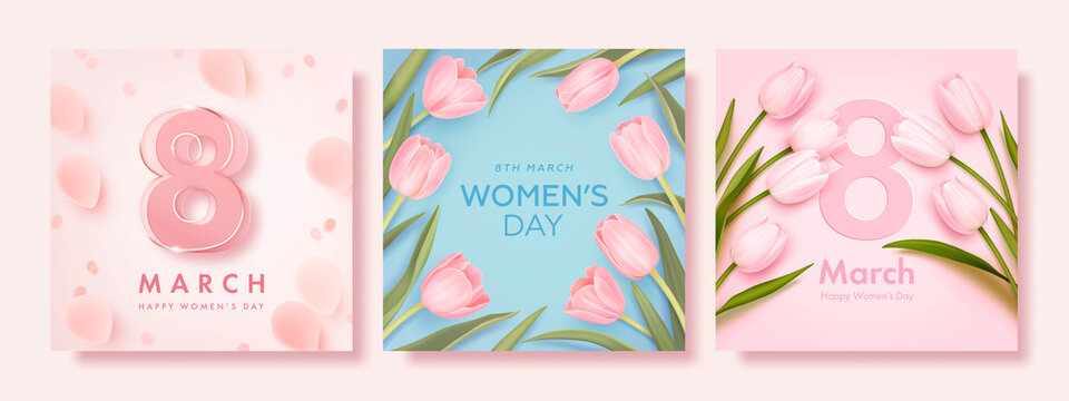 Set of women's day banner. 8 march holiday background with realistic petals and flowers. Vector illustration for poster, greeting cards, booklets, promotional materials, website