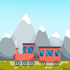 Cute little red train at the mountains background