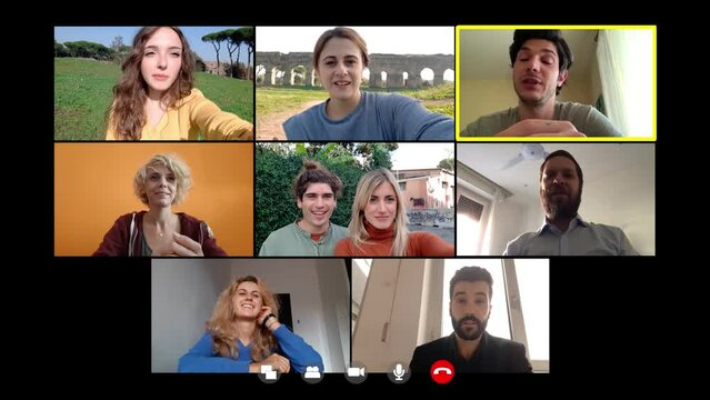 Videoconference between nine friends in split screen