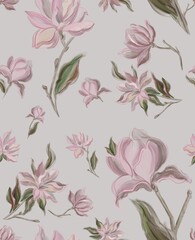 Seamless floral pattern. Hand drawing magnolia on a gray background. Print for textiles, wallpaper, clothes, postcards, invitations.