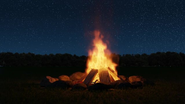 big bonfire in front of tree line and starry sky