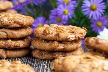 wheat-oatmeal cookies with peanuts, closeup