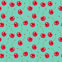 Illustration realism seamless pattern berry red cherry on a blue green background. High quality illustration
