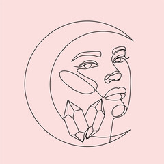 Woman line art Moon Crystal Minimalist elegant modern logo. female illustration line drawing vector. Fashion Beauty art