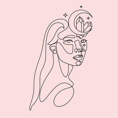 Woman line art Moon Crystal Minimalist elegant modern logo. female illustration line drawing vector. Fashion Beauty art