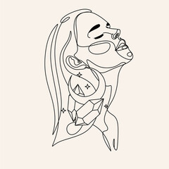 Woman line art Moon Crystal Minimalist elegant modern logo. female illustration line drawing vector. Fashion Beauty art
