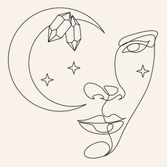 Woman line art Moon Crystal Minimalist elegant modern logo. female illustration line drawing vector. Fashion Beauty art