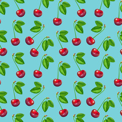 Illustration realism seamless pattern berry vinous cherry with green leaf on a light blue background. High quality illustration