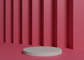 Simple, Minimal 3D Render Composition with One White Cylinder Podium or Stand on Abstract Light Red Background for Product Display