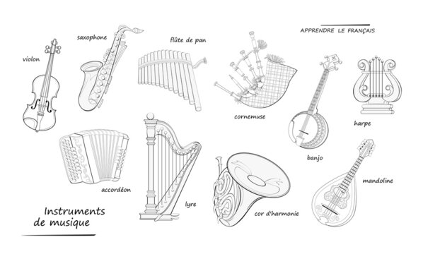 LEARN FRENCH. Coloring book. Names of MUSICAL INSTRUMENTS in French. Set of black and white illustrations for encyclopedia or for kids school textbook. Educational page for children. Online education.