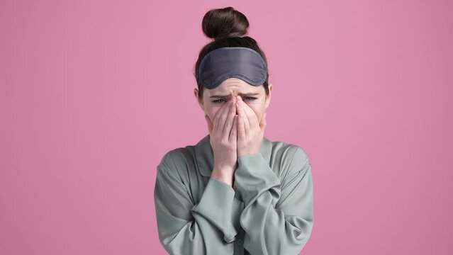 Disappointed lady feel misery weep sob isolated pastel color background
