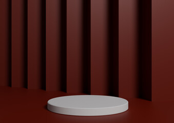 Simple, Minimal 3D Render Composition with One White Cylinder Podium or Stand on Abstract Dark Red Background for Product Display