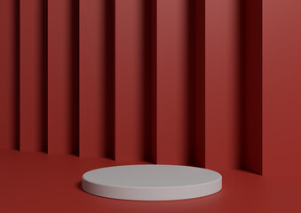 Simple, Minimal 3D Render Composition with One White Cylinder Podium or Stand on Abstract Red Background for Product Display