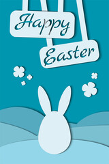 Happy easter card with bunny. Greeting Card in paper cutout style. Vector illustration in blue color