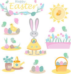 Set of cute Easter cartoon characters and design elements. Easter bunny, basket with eggs, chicken, sun, eggs and flowers. Vector illustration.