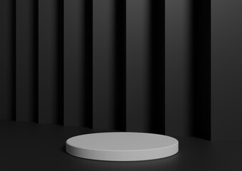 Simple, Minimal 3D Render Composition with One White Cylinder Podium or Stand on Abstract Black Dark Gray Background for Product Display