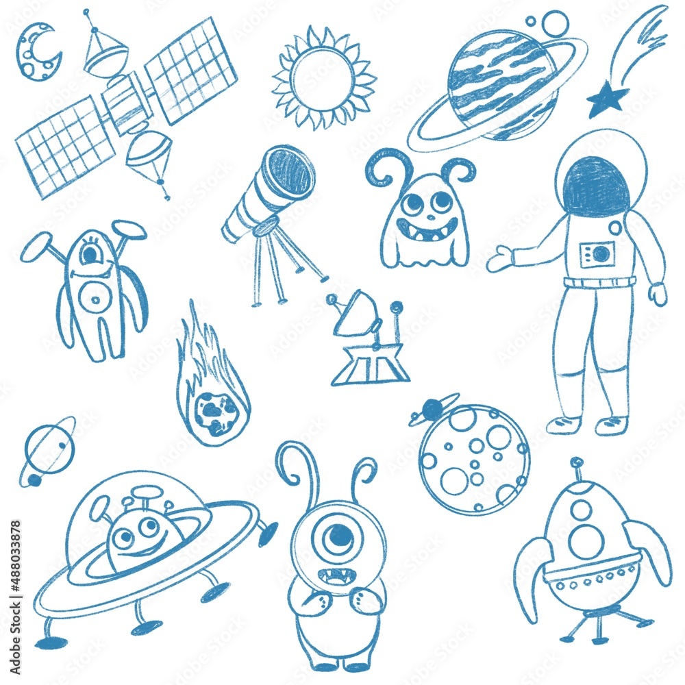 Sticker set of icons. pattern with elements of space. doodle sketch of space elements. idea for children's r